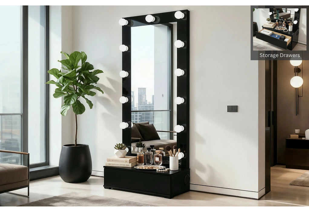 Ella Black Narrow Tall Mirror with Drawer and Speaker