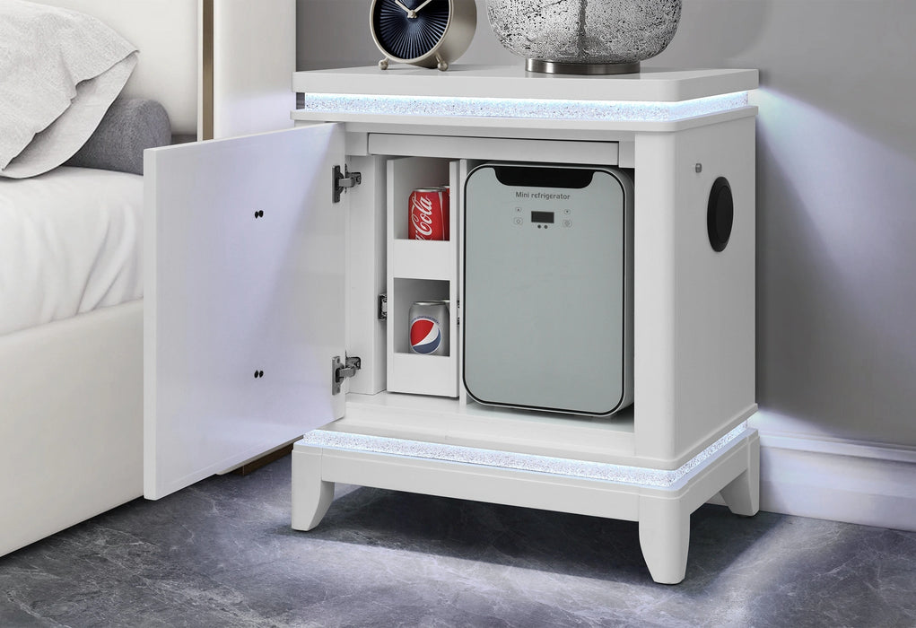 Alina White Nightstand with Cooler, LED, Speaker and USB