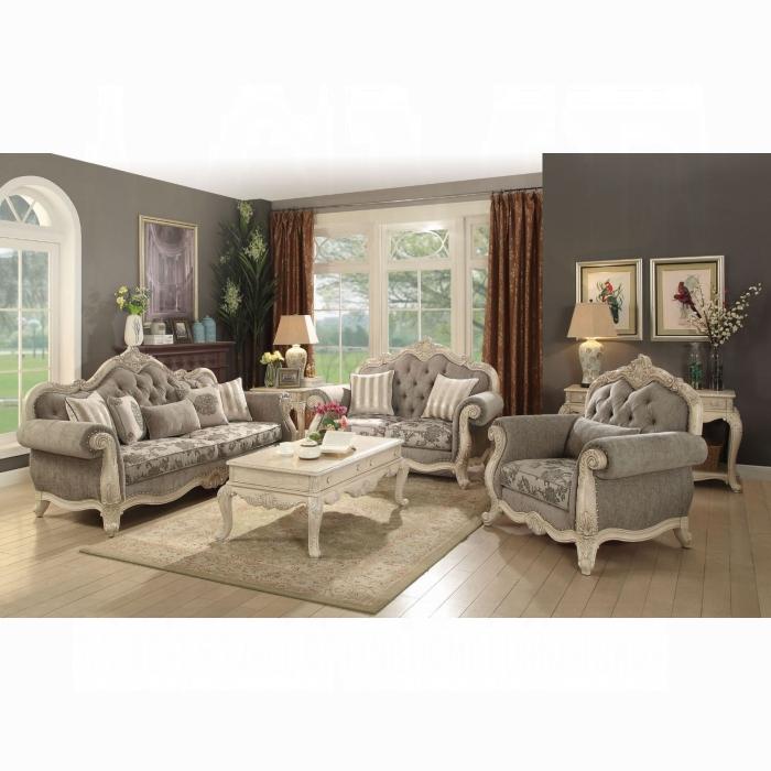 Ragenardus Gray Fabric & Antique White Sofa w/5 Pillows - Home Furniture And More (Brentwood, MD)