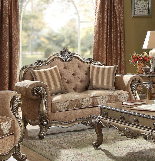 Acme Ragenardus Loveseat with 2 Pillows in Fabric & Vintage Oak 56031 - Home Furniture And More (Brentwood, MD)