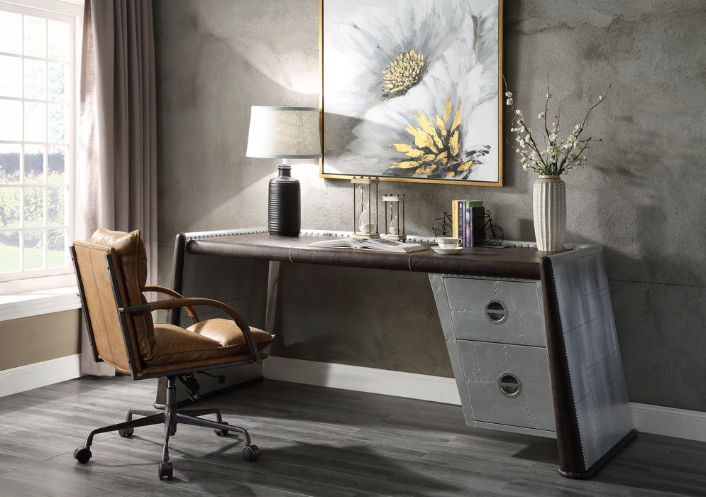 Brancaster Distress Chocolate Top Grain Leather & Aluminum Desk - Home Furniture And More (Brentwood, MD)