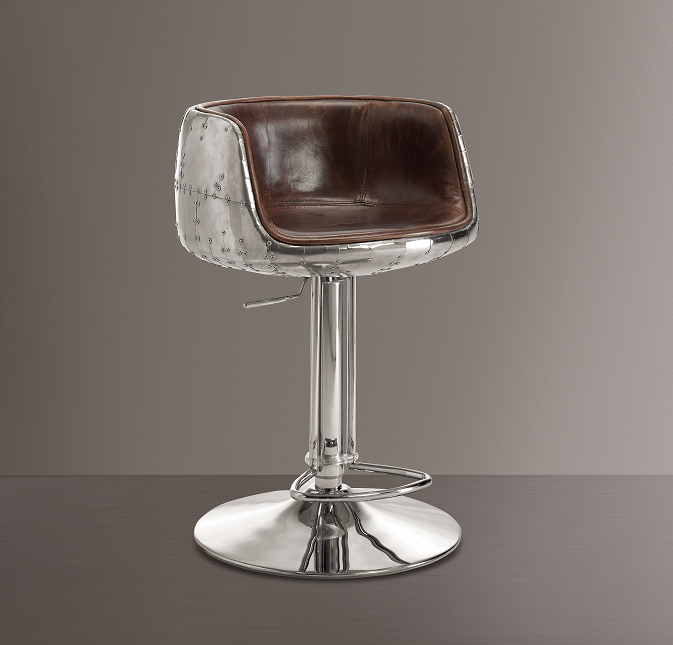 Brancaster Vintage Brown Top Grain Leather & Aluminum Adjustable Stool (1Pc) - Home Furniture And More (Brentwood, MD)