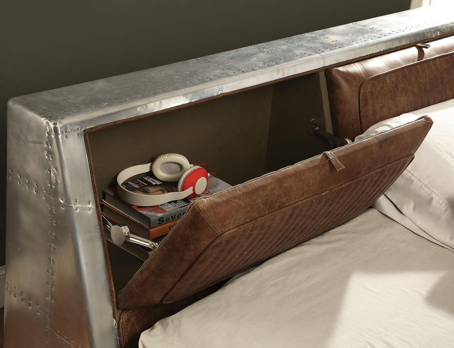 Brancaster Retro Brown Top Grain Leather & Aluminum Queen Bed - Home Furniture And More (Brentwood, MD)