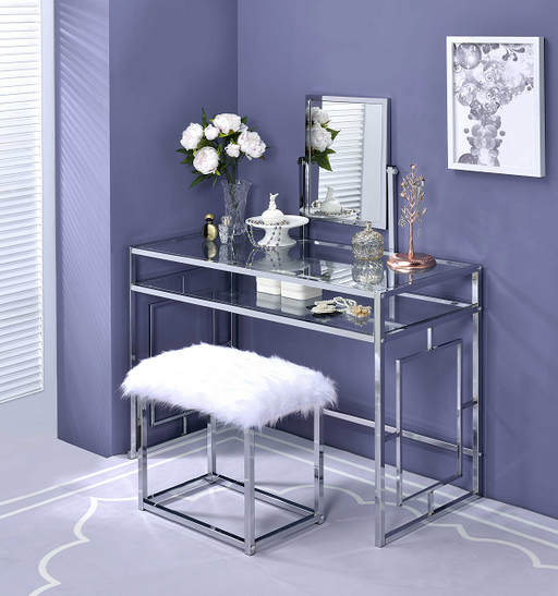 Carenze II White Faux Fur & Chrome Vanity Set - Home Furniture And More (Brentwood, MD)