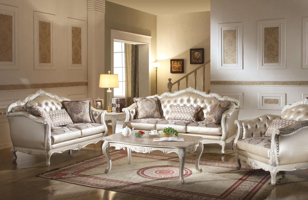 Chantelle Rose Gold PU/Fabric & Pearl White Sofa w/3 Pillows - Home Furniture And More (Brentwood, MD)