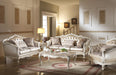 Chantelle Rose Gold PU/Fabric & Pearl White Sofa w/3 Pillows - Home Furniture And More (Brentwood, MD)