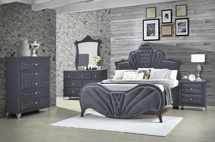 Dante Gray Velvet Queen Bed - Home Furniture And More (Brentwood, MD)