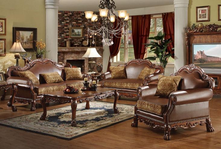 Dresden Brown PU & Chenille, Cherry Oak 3-Piece Living Room Set - Home Furniture And More (Brentwood, MD)