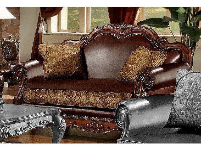 Dresden Brown PU & Chenille, Cherry Oak Loveseat w/2 Pillows - Home Furniture And More (Brentwood, MD)