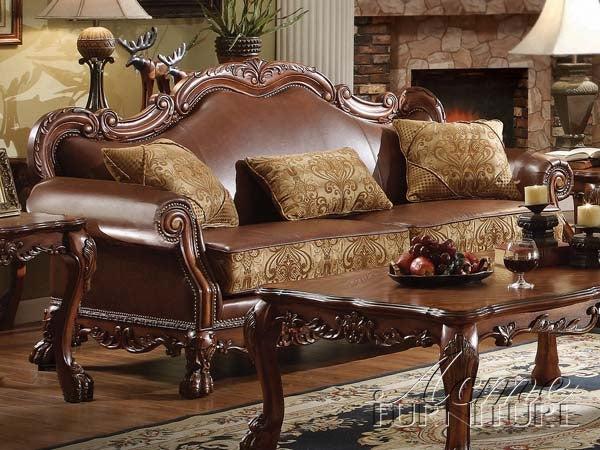 Dresden Brown PU & Chenille, Cherry Oak Sofa w/3 Pillows - Home Furniture And More (Brentwood, MD)