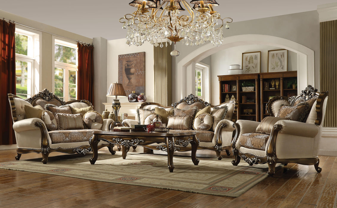 Latisha Tan, Pattern Fabric & Antique Oak Sofa w/6 Pillows - Home Furniture And More (Brentwood, MD)