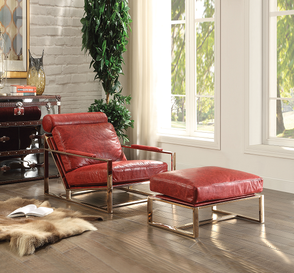 Quinto Antique Red Top Grain Leather & Stainless Steel Accent Chair - Home Furniture And More (Brentwood, MD)
