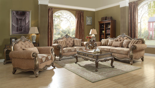 Ragenardus Fabric & Vintage Oak Sofa w/5 Pillows - Home Furniture And More (Brentwood, MD)