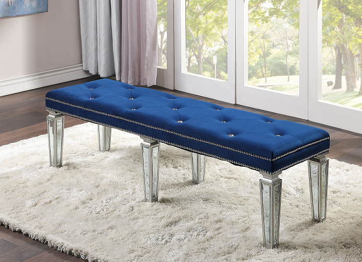 Varian Blue Velvet & Mirrored Bench - Home Furniture And More (Brentwood, MD)