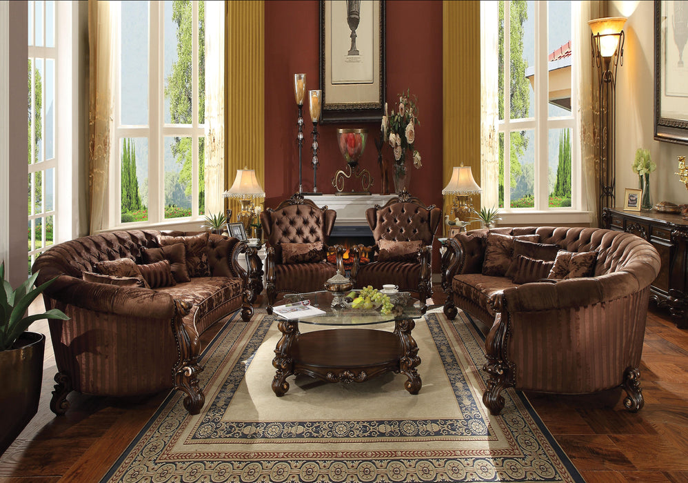 Versailles Brown Velvet & Cherry Oak Sofa w/5 Pillows - Home Furniture And More (Brentwood, MD)