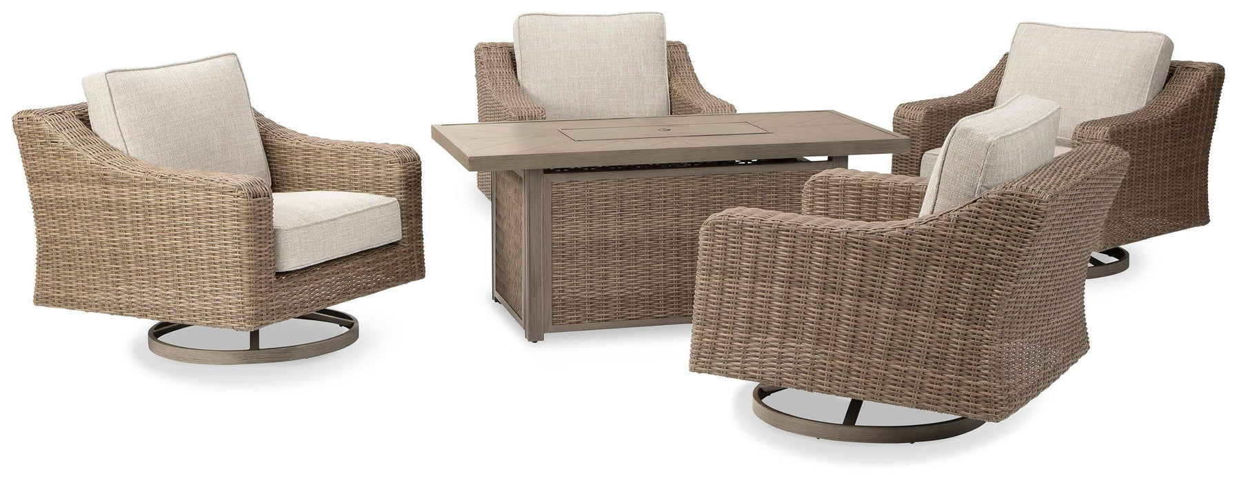 Beachcroft Beachcroft Fire Pit Table with Four Nuvella Swivel Lounge Chairs - Home Furniture And More (Brentwood, MD)