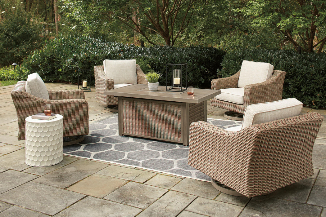 Beachcroft Beachcroft Fire Pit Table with Four Nuvella Swivel Lounge Chairs - Home Furniture And More (Brentwood, MD)