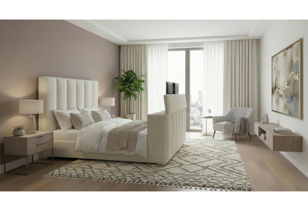 SERENITY CREMA KING BED WITH SPEAKER, TV LIFT AND FIREPLACE - Home Furniture And More (Brentwood, MD)