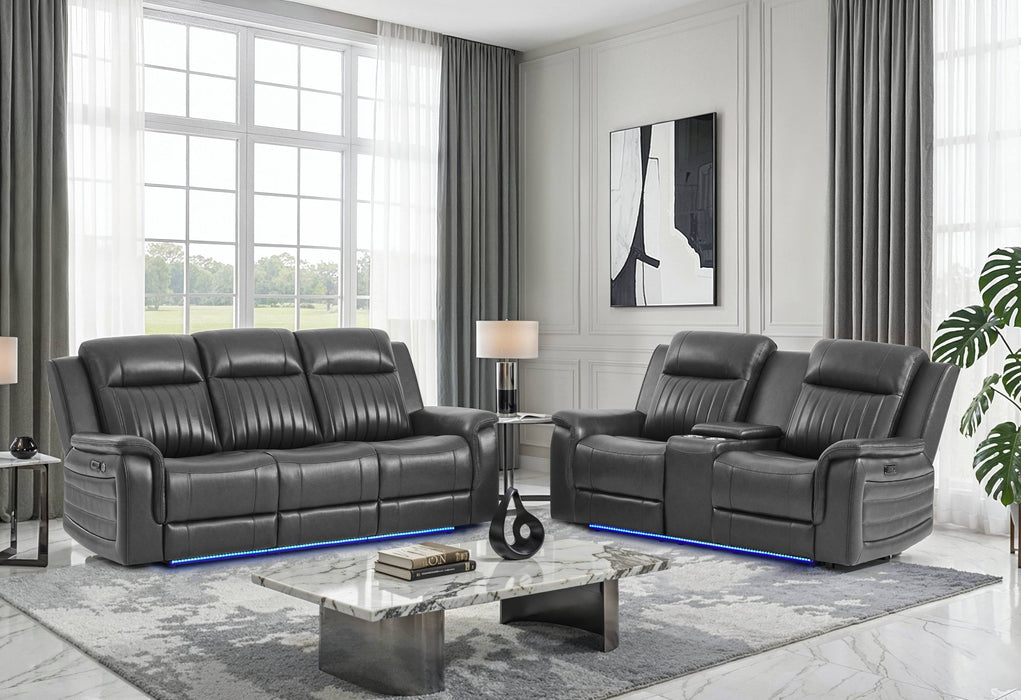 U8879 CHARCOAL PWR REC SOFA/PWR CON REC LOVESEAT W/LED & GL SS - Home Furniture And More (Brentwood, MD)