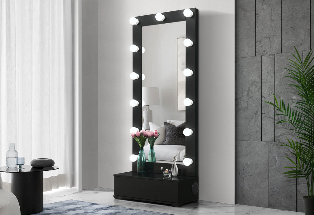 ELLA BLACK NARROW TALL MIRROR WITH DRAWER AND SPEAKER - Home Furniture And More (Brentwood, MD)