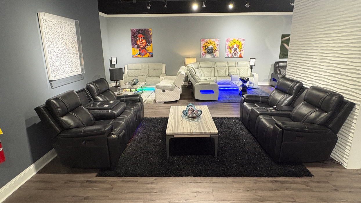 U8881/U8880 BLACK LEATHER PWR REC SOFA/PWR CONSOLE REC LOVESEAT - Home Furniture And More (Brentwood, MD)