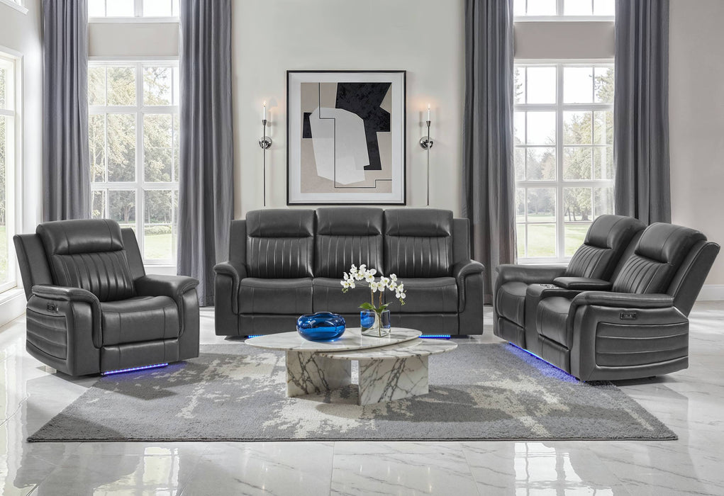U8879 CHARCOAL PWR REC SOFA/PWR CON REC LOVESEAT/PWR REC W/LED & GL SS - Home Furniture And More (Brentwood, MD)