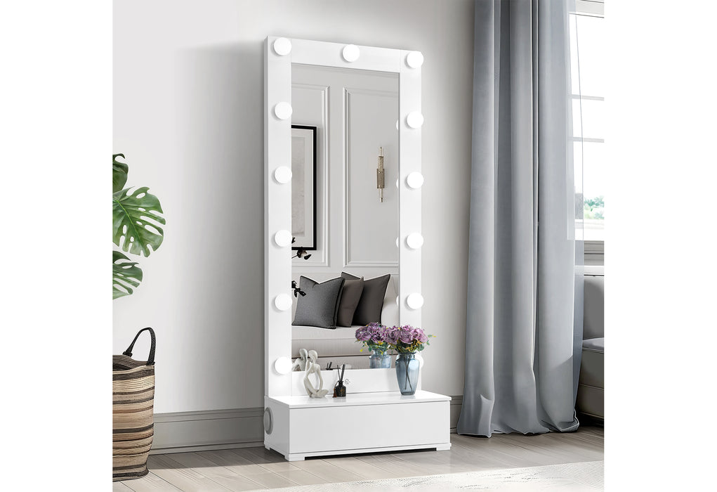 ELLA WHITE NARROW TALL MIRROR WITH LED AND SPEAKER - Home Furniture And More (Brentwood, MD)