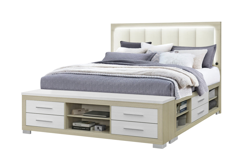 EMMA NATURAL/WHITE KING BED WITH LED AND USB - Home Furniture And More (Brentwood, MD)