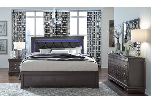 POMPEI METALLIC GREY KING BED WITH LED, DRESSER, MIRROR AND NIGHTSTAND - Home Furniture And More (Brentwood, MD)
