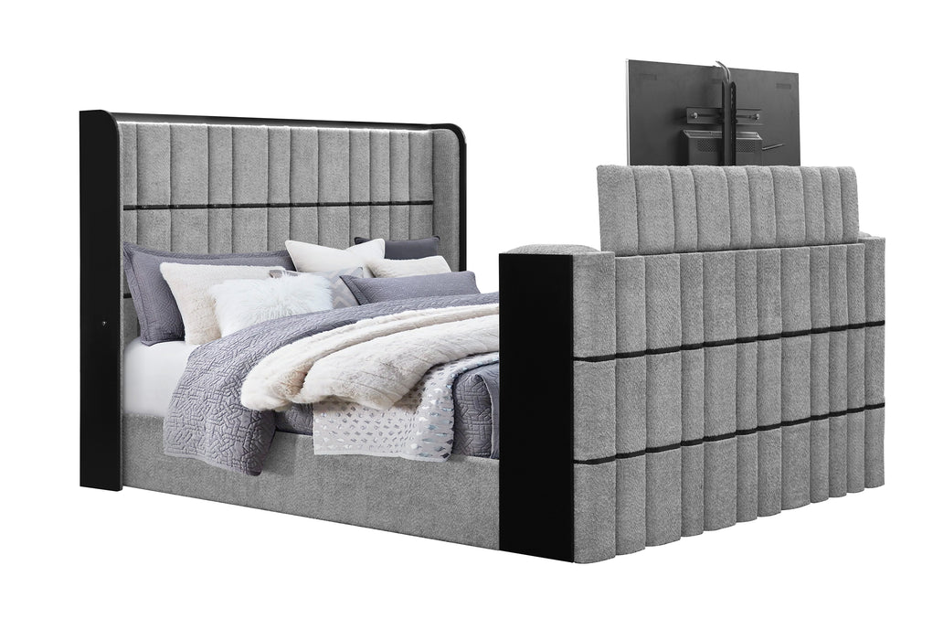 ISABELLA GREY KING BED W/LED, TV LIFT, SPEAKER AND FIREPLACE - Home Furniture And More (Brentwood, MD)