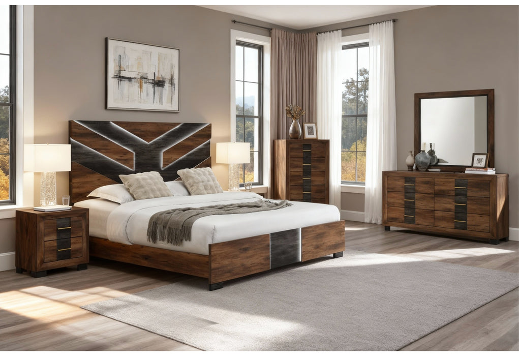 OPTIMUS BROWN/BLACK KING BED, DRESSER, MIRROR AND NIGHTSTAND - Home Furniture And More (Brentwood, MD)
