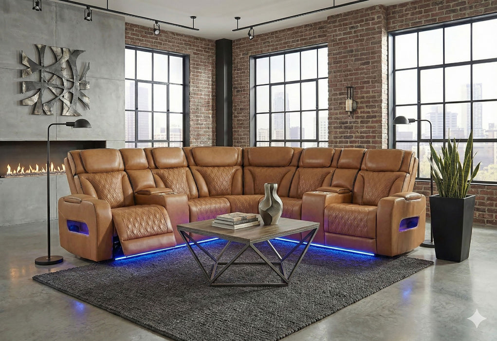U8611 CAMEL SECTIONAL WITH POWER HEADREST, CONTINUOUS LED AND SPEAKER - Home Furniture And More (Brentwood, MD)