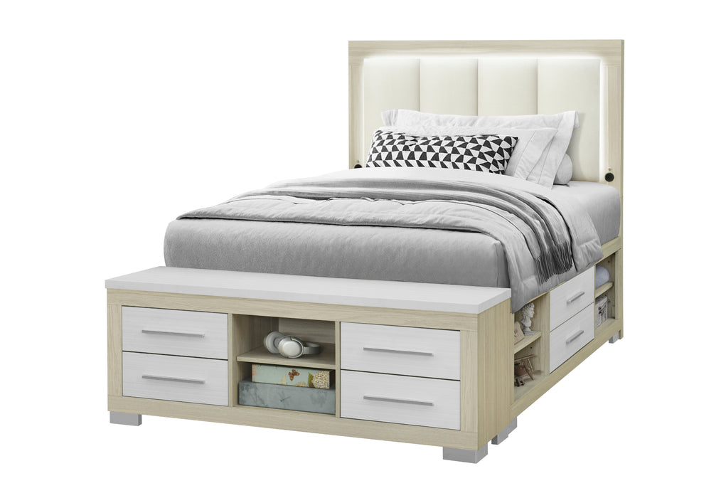 EMMA NATURAL/WHITE FULL BED WITH LED AND USB - Home Furniture And More (Brentwood, MD)