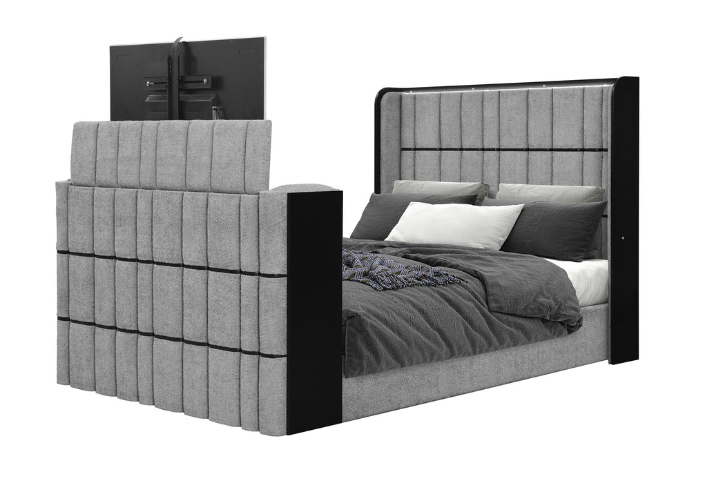 ISABELLA GREY QUEEN BED W/LED, TV LIFT, SPEAKER AND FIREPLACE - Home Furniture And More (Brentwood, MD)