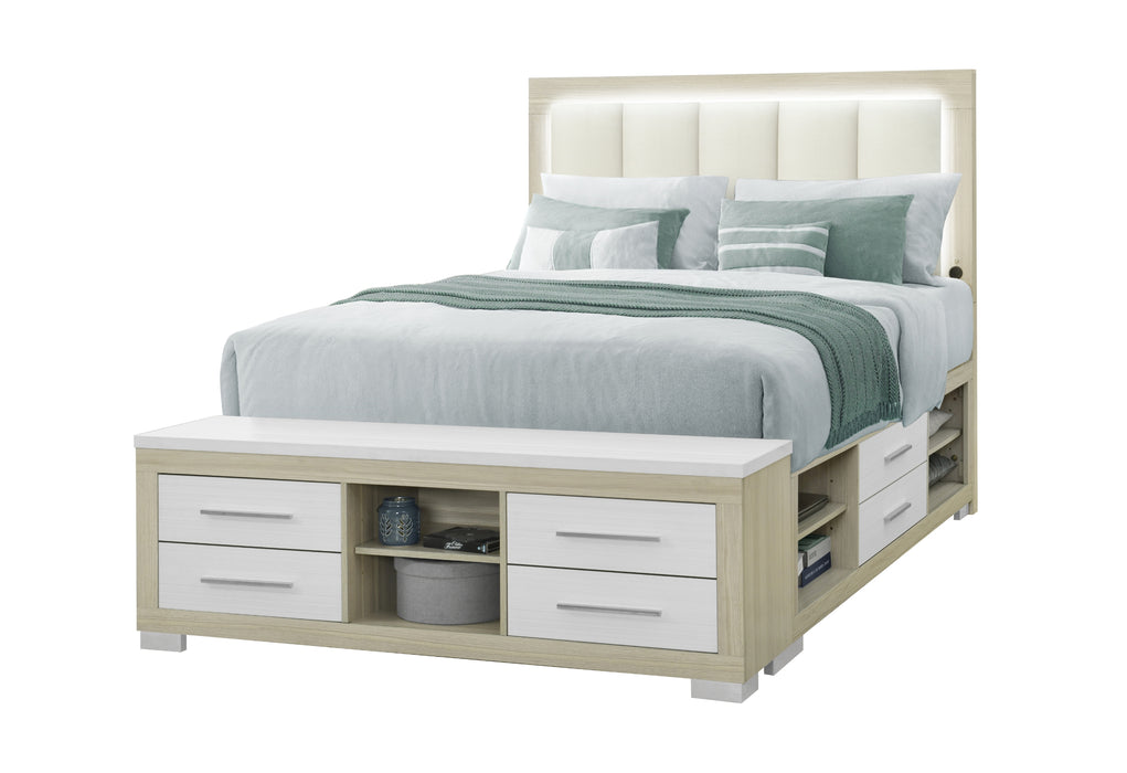 EMMA NATURAL/WHITE QUEEN BED WITH LED AND USB - Home Furniture And More (Brentwood, MD)