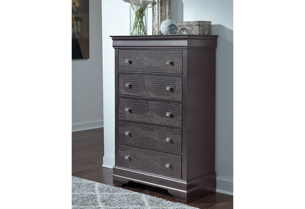 POMPEI METALLIC GREY QUEEN BED, DRESSER, MIRROR AND 2 NIGHTSTANDS - Home Furniture And More (Brentwood, MD)